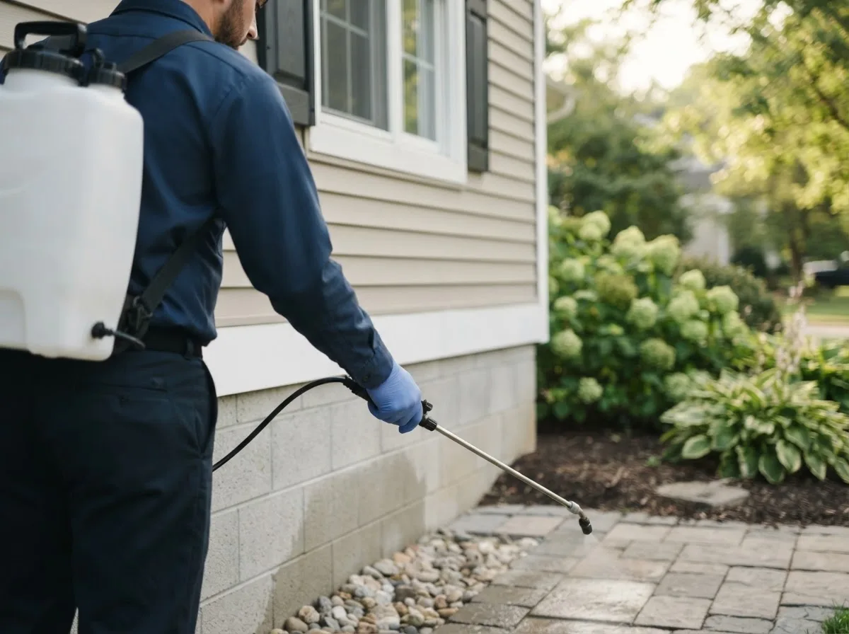 Pest control technician inspecting a home in Alleyton, TX